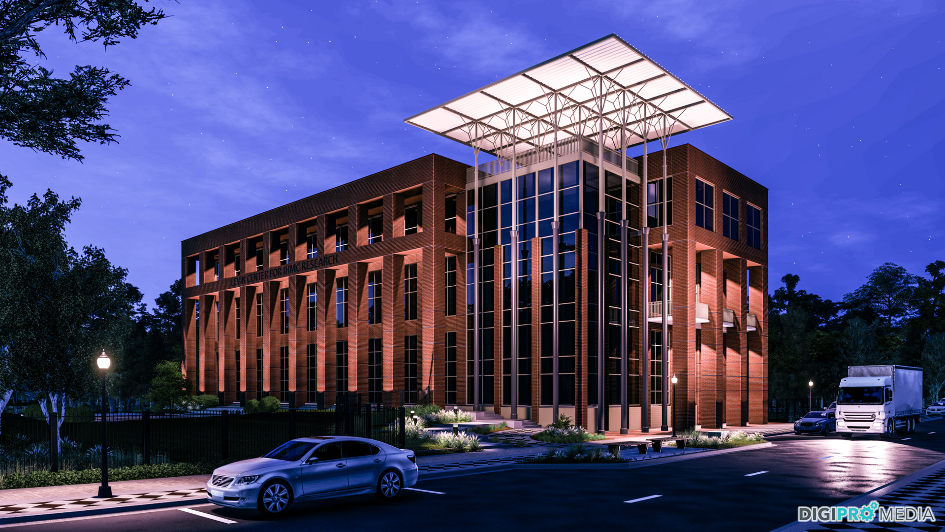 3d rendering of the Institute for Human and Machine Cognition at night.